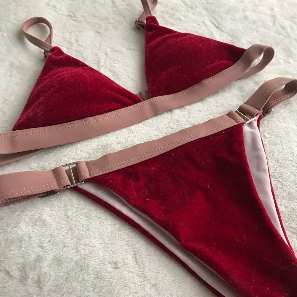 pink and red velvet bikini set